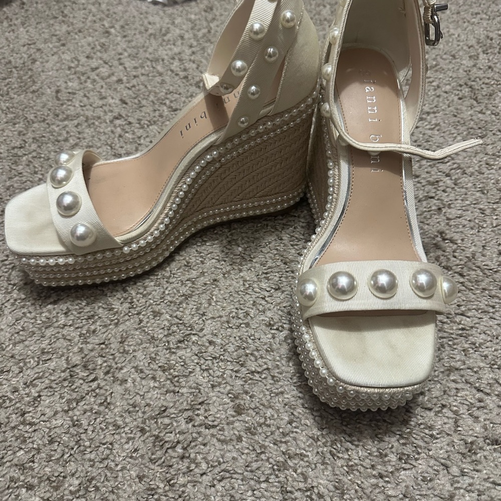 Gianni Bini Ivory Pearl-Embellished Wedge Sandals